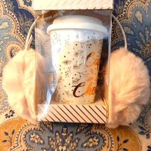 Ceramic Holiday Cup w/ Faux Mink Earmuffs - Ivory or Black or Blush